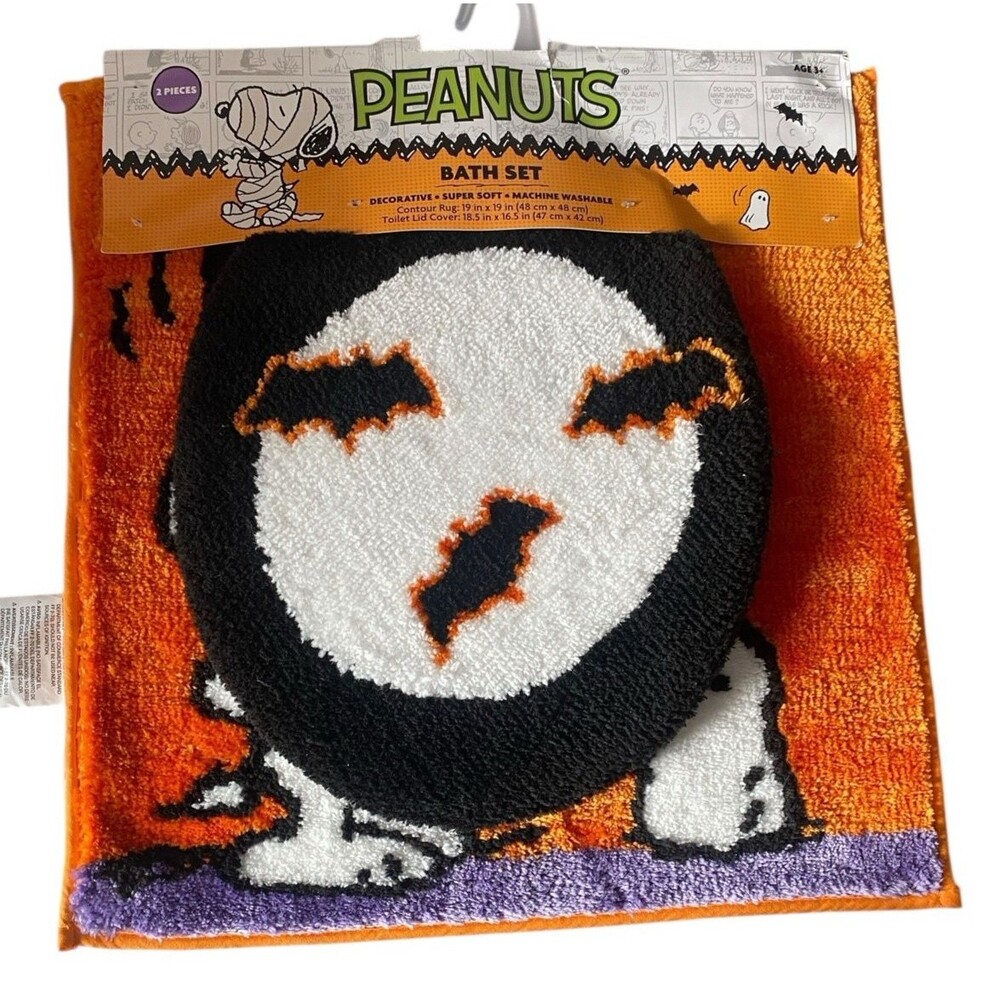 Peanuts Halloween Bath Set Snoopy Ghost Moon Rug & Toilet Lid Cover Orange